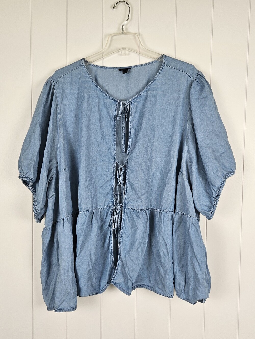 Torrid Tie Front Puff Sleeve Blouse Chambray Lightweight Womens 4 Peplum Fall